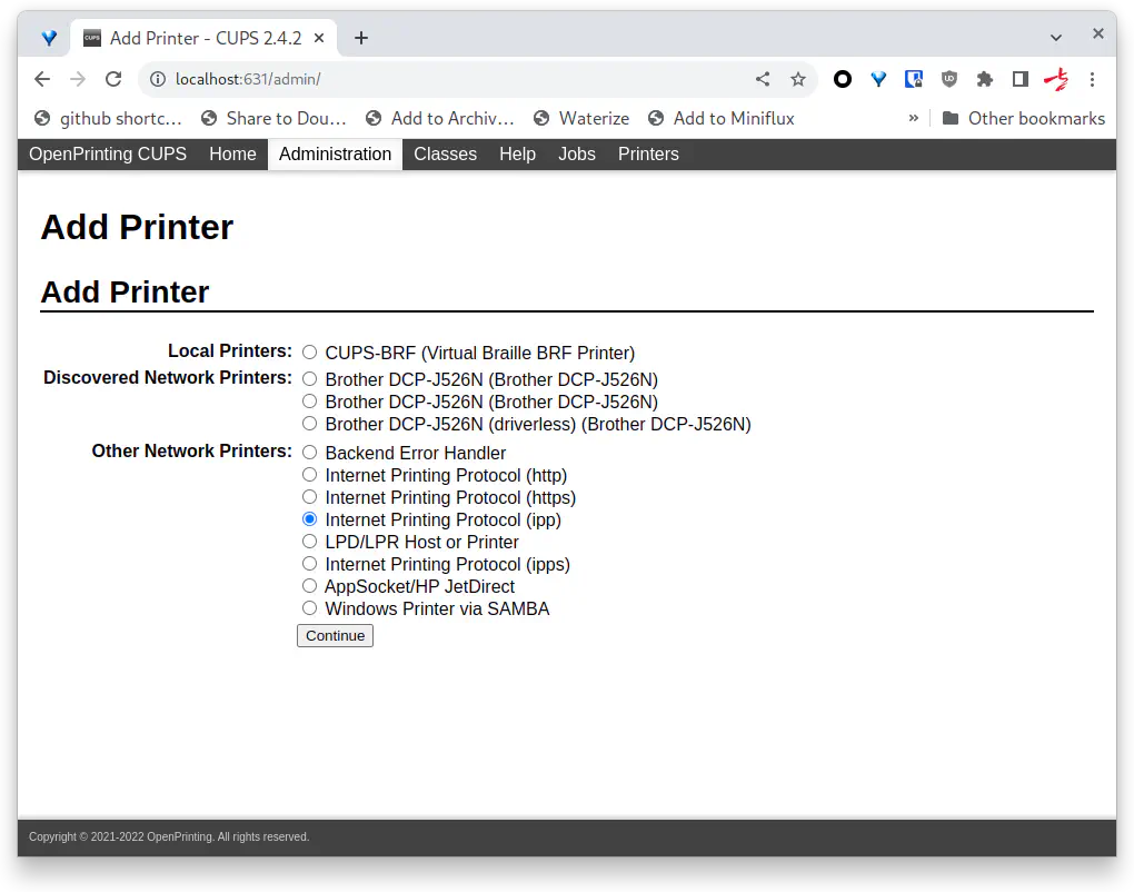 选择 Other Network Printers 中的 Internet Printing Protocol(ipp)