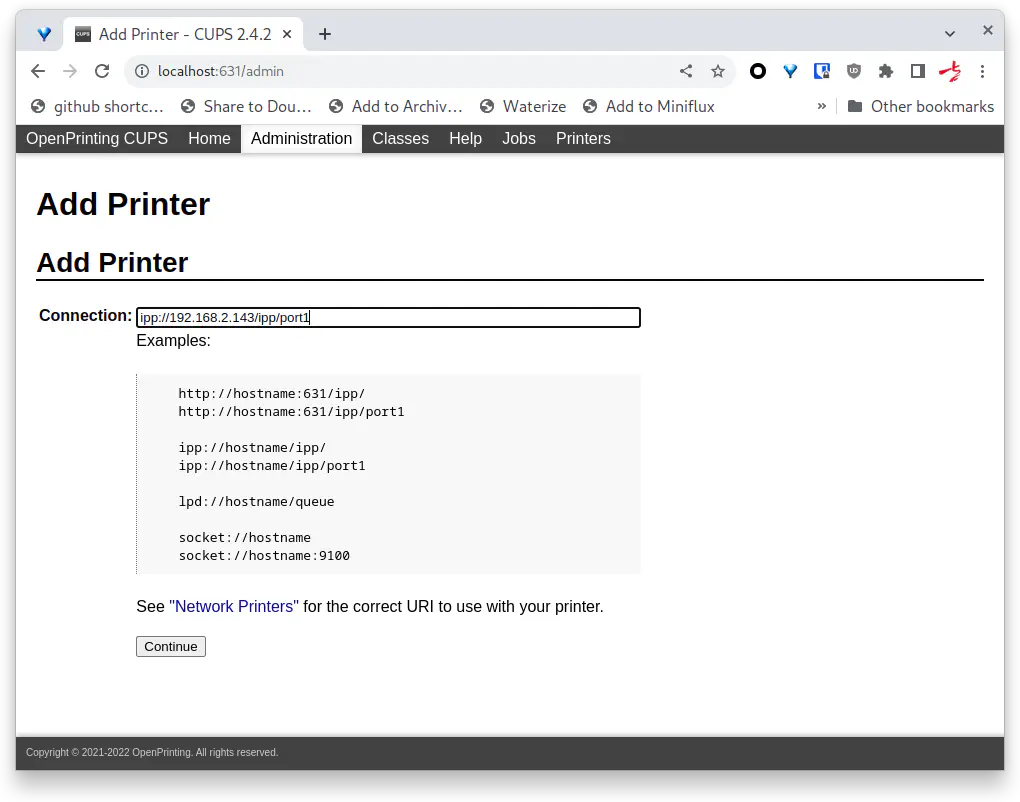 输入 ipp://192.168.2.143/ipp/port1,注意替换 IP 地址